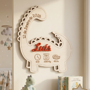 Placa de Nascimento de Madeira - Dinossauro